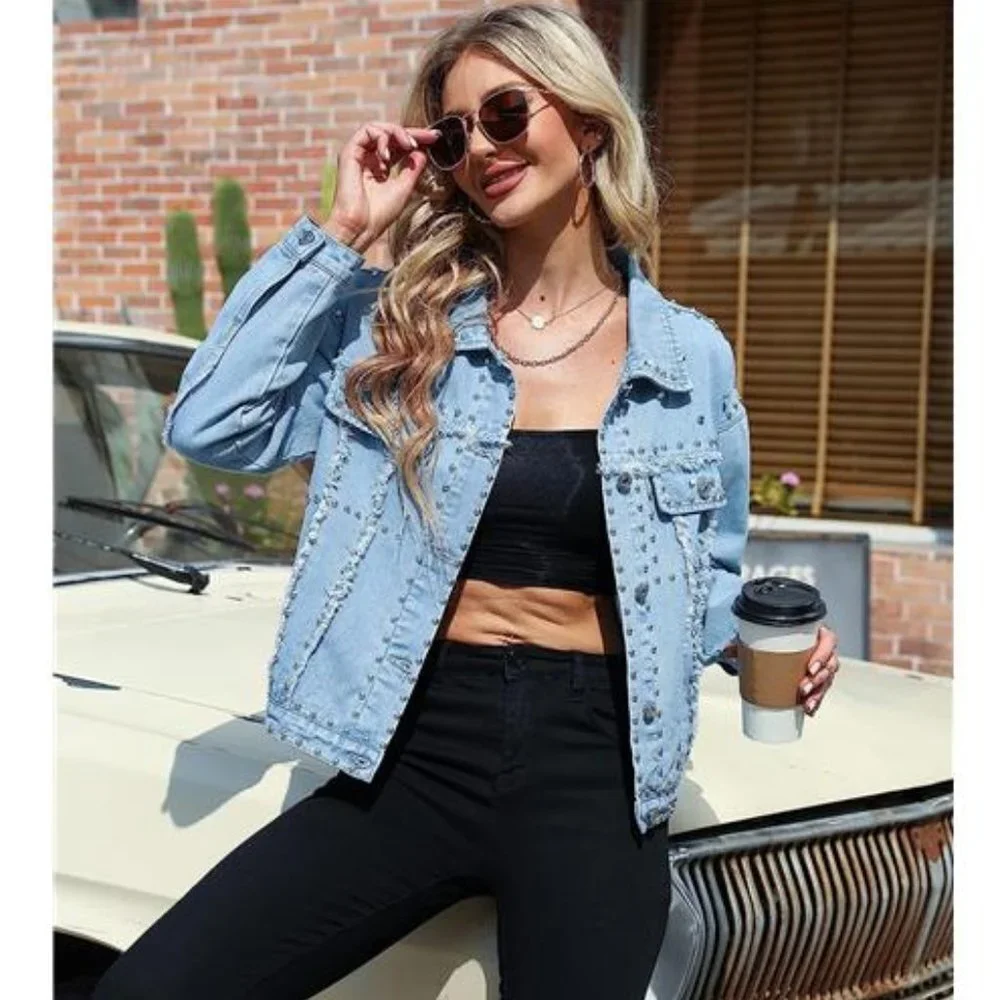 Blue Denim Studded Jacket Distressed Western Embellished Jean Trucker Jacket‎ - Picture 2 of 8